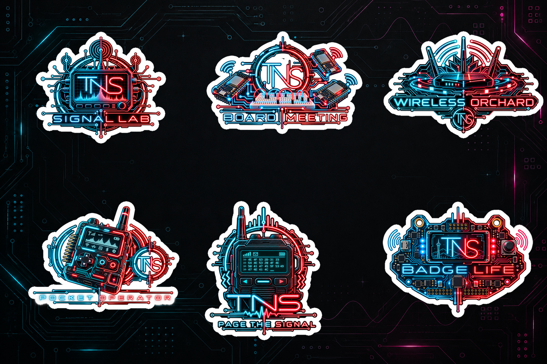 TNS Field Tech printed sticker sheet with six electronics designs